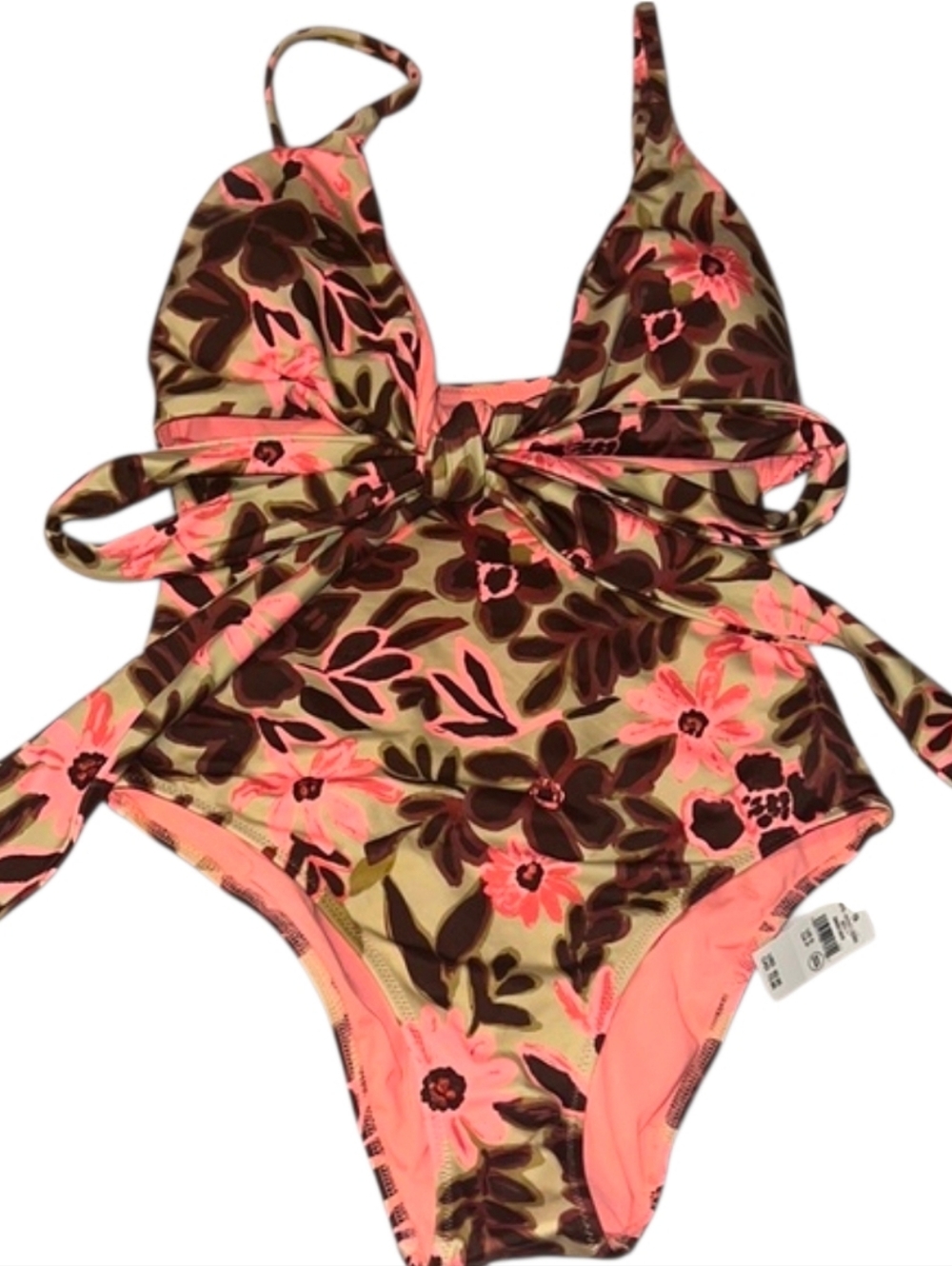 NWT Aerie Swim Halter One Piece Swimsuit Coral And Olive With Tie Floral Small